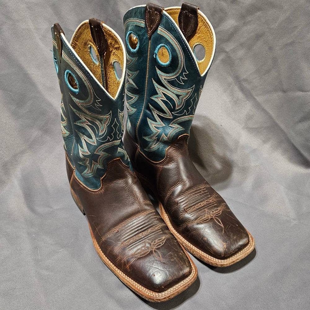 Justin Mens Caddo Bent Rail Brown Teal Leather Western Boots BR738 Size 10 D